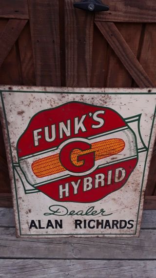 Old,  Vintage Dated Funk’s G Hybrid Seed Corn Metal 2 Sided Farm Dealer Sign Usa