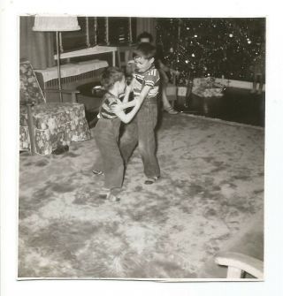 Vintage Photo Cute Boys Play Fighting Wrestling Brothers Christmas Tree Jeans