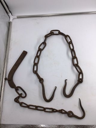 2 Antique Iron Wrought Chains 3 Hand - Forged Hooks Rustic Hanging Farm Tool