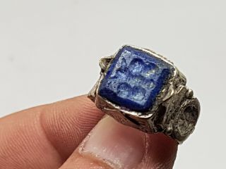 Fantastic Ancient Roman Silver Seal Ring With Lapis Lazuli Stone 8.  5 Gr 18 Mm