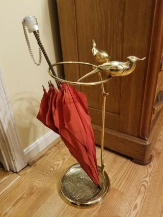 Solid Brass Umbrella Stand W/solid Brass Cardinals/birds Gorgeous