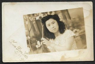 China Woman Girl Flower Qipao Studio Photo 1950s Orig.