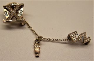 Chi Omega 10k Gold Pin - Back Badge,  Chain,  Owl And Initials All With Seed Pearls