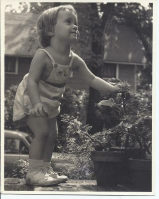 595p Vintage Photo Adorable Little Girl In Sunsuit Playing Outside In Garden