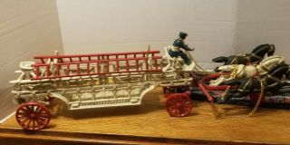 Vintage Cast Iron Horse Drawn Hook & Ladder Wagon Fire Truck 3 Horses