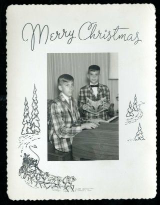 Vintage Merry Christmas Photo Greeting Card Young Boys In Plaid Suits At Piano