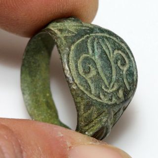 - Ancient Crusaders Bronze Seal Ring With Heraldic Symbol Circa 1000 - 1300 A