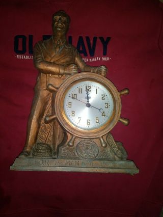 Franklin Roosevelt " Man Of The Hour " Spelter Clock,  Fdr Steering Ship Of State