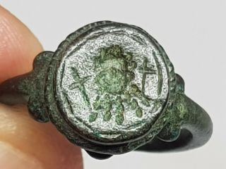 Stunning Ancient Byzantine Bronze Seal Ring Bust With Cross Each Side 8,  7gr 20mm