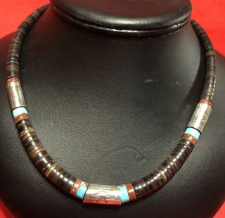 Vtg Native American Zuni Sterling Silver Heishi Coral & Turquoise Necklace