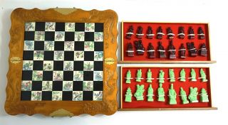 Vintage Chinese Chess Set In Wooden Dragon Carved Ornate Case With Drawers