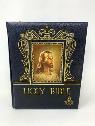 Masonic Holy Bible Red Letter Edition Rare Jesus Litho Cover 1971 Hertel