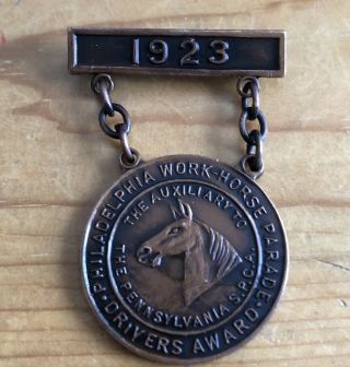 1923 Philadelphia Work Horse Parade Drivers Award Pin Auxiliary S.  P.  C.  A.  Brass