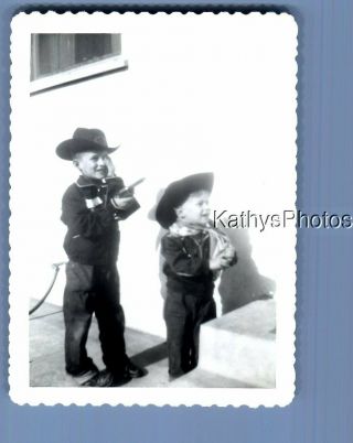 Found B&w Photo F,  3973 Little Cowboys Posed With Toy Pistol
