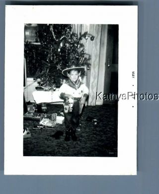 Found B&w Photo F,  4937 Little Cowboy Posed By Christmas Tree