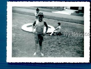 Black & White Photo J_7060 Boy In Swimsuit Posed By Wading Pool,  Others