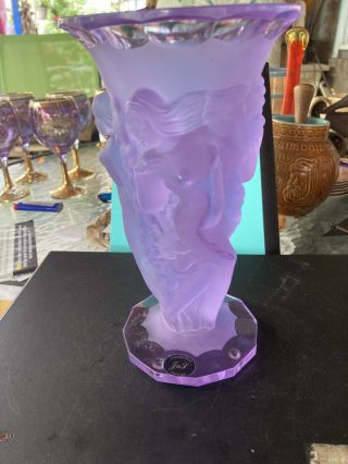 Vtg Art Deco Bohemian Frosted Lavender Glass Dancing Nude Vase 8 1/2” Hand Cut
