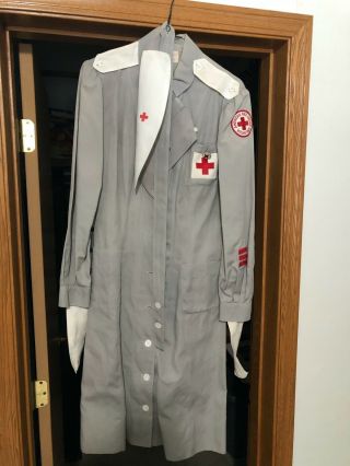 Vintage Red Cross Volunteer Nurse Dress Uniform With Pin And Hat
