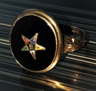 Vtg 10k Gold Masonic Order Of Eastern Star Ring Black Onyx Gem Enamel Star 5.  75