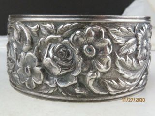 Antique C 1900 S.  Kirk & Son Sterling Silver Floral Rose Repousse Cuff Bracelet