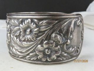 ANTIQUE c 1900 S.  Kirk & Son Sterling Silver floral ROSE REPOUSSE cuff bracelet 2