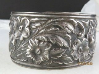 ANTIQUE c 1900 S.  Kirk & Son Sterling Silver floral ROSE REPOUSSE cuff bracelet 3