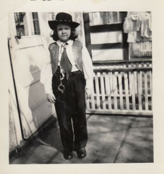 Vintage Photo Cute Little Girl In Western Outfit Cowgirl With Handcuffs & Hat