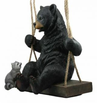 Tree Hanging Swinging Black Bear With Buddy Raccoon Outdoor Garden Sculpture 2