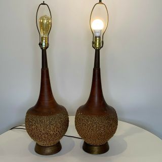 Vintage Pair Set Table Lamps Mid Century Modern Hollywood Regency Brown Wood