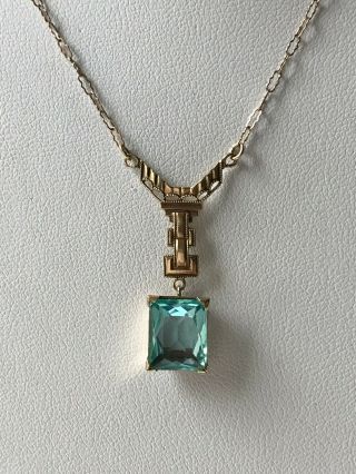 10k Yellow Gold Antique Art Deco Necklace With Blue Aquamarine Glass Stone