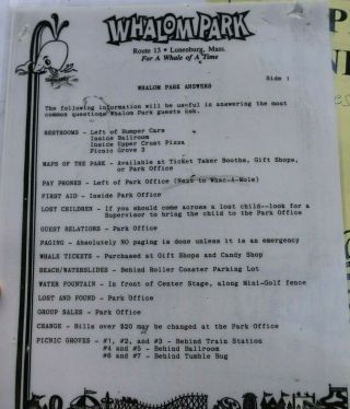 Vintage Whalom Amusement Park Fitchburg Mass Employee Handbook Chart Guide Games 2