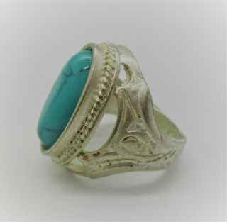 Post Medieval Vintage Silvered Seal Ring With Blue Turquoise Stone