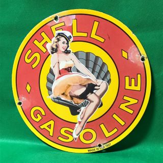 Vintage Porcelain Shell Gas And Oil Sign Pinup Gas Station Gas Oil Gas Pump 1957