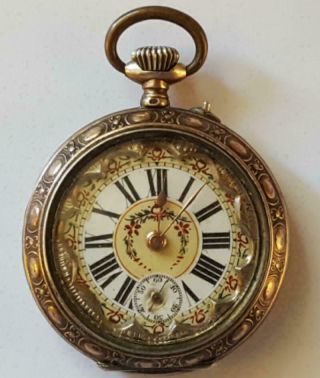 Vintage Rare Small Flower Dial Ladies Gold Tone Open Face Pocket Watch
