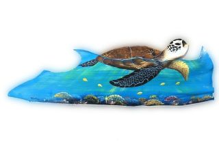 Sea Turtle Carved From Large Palm Tree Frond Tortoise Animal Nautical Painting