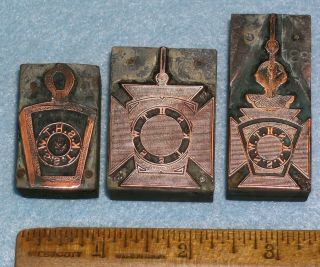 3 Antique Copper Printing Blocks Masonic Ram Keystone Watch Fob E179