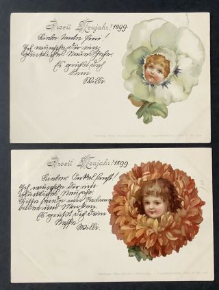 Early Year Date 1899 Year Postcards (2) Faces In Flowers " Prosit Neujahr "