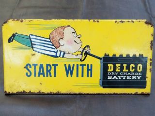 Vintage Start With Delco Dry Charge Battery Metal Painted Sign