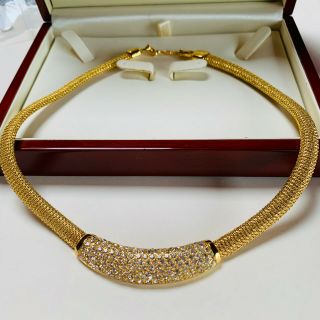 Vintage Signed Christian Dior Sparkling Clear Crystal Gold Plated Necklace
