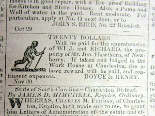 1830 Charleston South Carolina Newspaper W Slave Ads -,  Wanted & Runaway