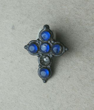 Antique Ancient Catholic Or Orthodox Bronze Very Rare Cross With Blue Glass