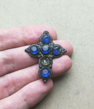ANTIQUE ANCIENT CATHOLIC OR ORTHODOX BRONZE VERY RARE CROSS WITH BLUE GLASS 2