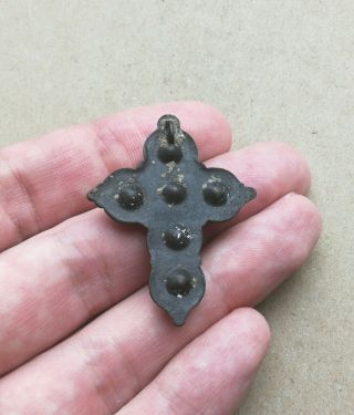 ANTIQUE ANCIENT CATHOLIC OR ORTHODOX BRONZE VERY RARE CROSS WITH BLUE GLASS 3