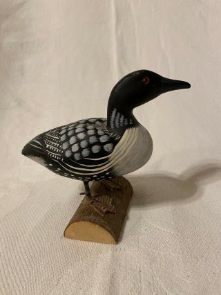 Rare Wood Hand Carved Painted Loon Standing On A Log Decoy Signed H.  P.  Meyer