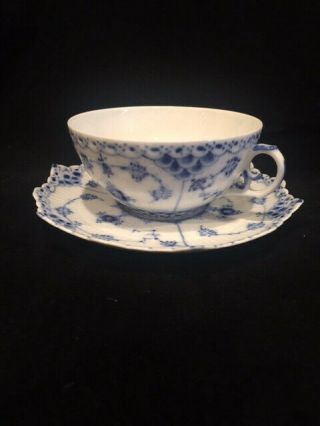 Vintage Royal Copenhagen Blue Fluted Full Lace Flat Cup And Saucer 1/1130