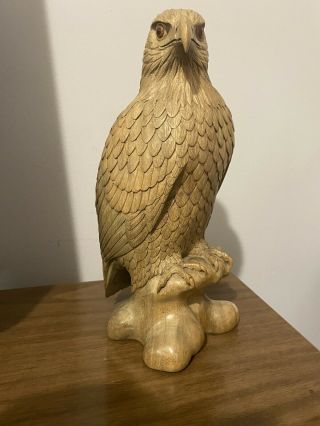 Hand Carved Wood Eagle Statue Figurine Wooden Bird Figure Sculpture 10 " Tall