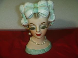 Vintage Relpo K1660 Fancy Hat Lady Head Vase Miss Many Bows And Necklace Blue