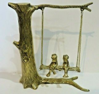 Unique Vintage “love Frogs” On Tree Branch Swing Brass Figurine 10”h - 2lbs -