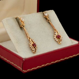 Antique Vintage Art Deco Retro Style 14k Yellow Gold Ruby Quartz Dangle Earrings