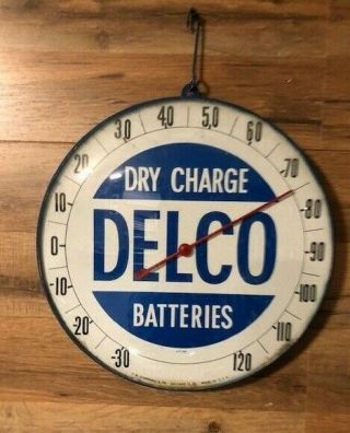 1950 Vintage Metal Glass Thermometer Sign Advertisin Delco Dry Charge Batteries